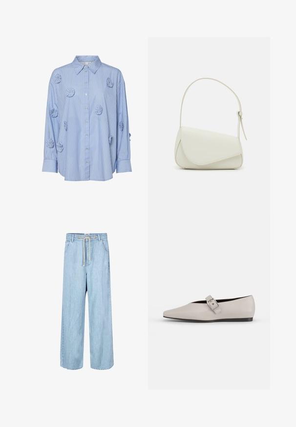 Camisa de rayas azul y blanca con cuello, adornada con aplicaciones de rosas de tela y mangas largas, fabricada en material de algodón ligero.; Pantalones de mezclilla de pierna ancha en un tono azul claro, con cintura elástica, cierre de cordón y dos bolsillos laterales. Textura suave y diseño casual.; Zapato plano de cuero beige con punta afilada, un detalle de hebilla lateral y suela negra baja. Textura suave y diseño minimalista.; Bolso de mano de imitación cuero blanco con una forma triangular estructurada, correa ajustable única y cierre con solapa acentuada en curva.