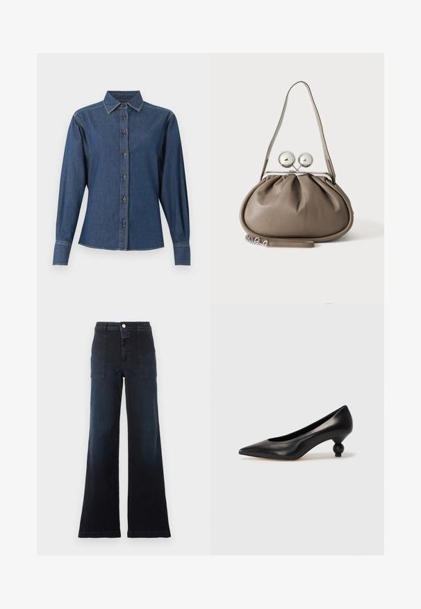 Chemise en denim bleu foncé à manches longues avec boutons sur le devant, col pointu et coutures blanches visibles le long des coutures et des poignets.; Jean bleu foncé taille haute, jambe large, avec poches plaquées devant, passants pour ceinture et fermeture par bouton sur fond uni clair.; Chaussure à talon haut en cuir noir avec un bout pointu et un talon arrondi. Texture lisse avec un design épuré et minimal.; Sac à main en cuir gris de forme arrondie, fermeture supérieure avec deux grandes sphères argentées, et une seule anse.