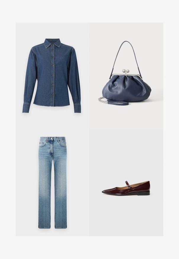 Donkerblauw denim overhemd met lange mouwen, knoopsluiting aan de voorkant, puntige kraag en zichtbare witte stiksels langs naden en manchetten.; Lichtblauwe rechte spijkerbroek van denim, met subtiele vervaging, klassiek vijf-pocket ontwerp en een metalen knoopsluiting in de taille.; Bordeaux patentleren Mary Jane ballerina's met een spitse neus, platte hak en een decoratieve band met een ronde gespaccent.; Zachte navyblauwe leren handtas met zilveren sluiting, enkele schouderband en afneembare ketting polsband op witte achtergrond.