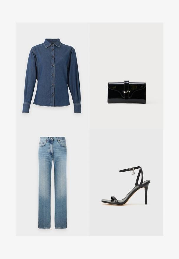 Donkerblauw denim overhemd met lange mouwen, knoopsluiting aan de voorkant, puntige kraag en zichtbare witte stiksels langs naden en manchetten.; Lichtblauwe rechte spijkerbroek van denim, met subtiele vervaging, klassiek vijf-pocket ontwerp en een metalen knoopsluiting in de taille.; Zwarte sandaal met hoge hak, smalle enkelband, vierkante neus, soepel leermateriaal en metalen gespsluiting.; Zwart glanzend rechthoekig portemonnee met een voorstrik en zilveren metalen sluiting, geplaatst tegen een effen witte achtergrond.
