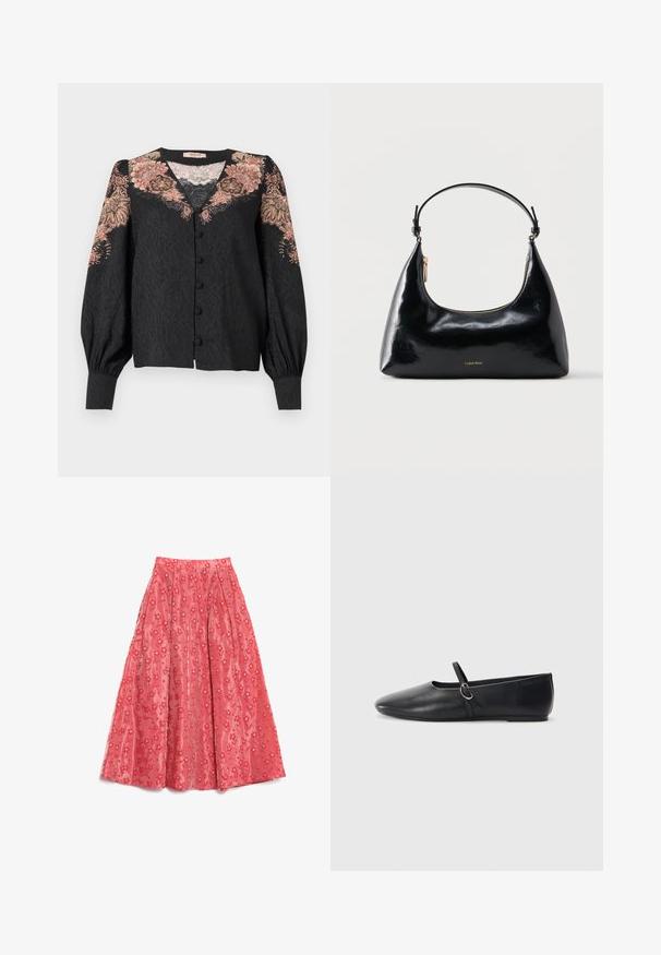 TWINSET SHIRT - Blusa - nero/ruggine; Falda maxi de coral fluida, hecha de un tejido texturizado, con un patrón floral y pequeños acentos blancos, y pliegues para añadir volumen.; Bailarinas de cuero negro con punta afilada, suela plana y una pequeña correa con detalle de hebilla plateada.; Bolso negro brillante de Calvin Klein con cremallera dorada y correa corta sobre un fondo blanco liso.