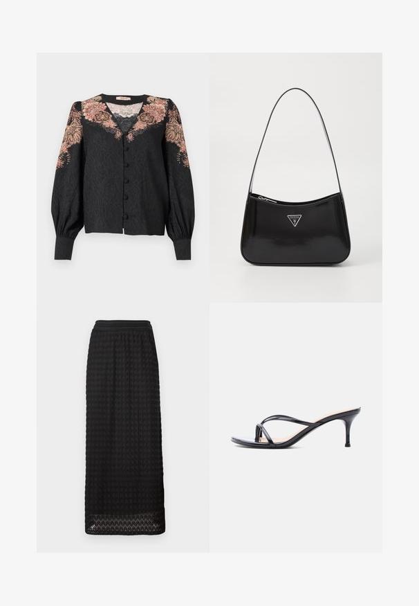 TWINSET SHIRT - Blusa - nero/ruggine; Falda midi negra con un patrón texturizado tipo panal y una cinta elástica ancha en la cintura. El dobladillo presenta un diseño con detalles en forma de onda para mayor atractivo.; Sandalia de tacón de charol negro con tiras finas cruzadas y un tacón de aguja delgado de altura media, sobre un fondo blanco.; Bolso de hombro de charol negro con forma curva, que presenta un logotipo triangular plateado y un cierre de cremallera. Textura suave y correa delgada.