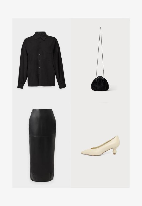 Chemise noire à manches longues, boutonnée, avec col et poche poitrine gauche, présentée sur un fond uni gris clair.; Jupe midi en cuir noir avec une silhouette ajustée, texture lisse, taille haute et fermeture éclair discrète sur le côté. Aucun motif ni accent.; Chaussure femme couleur crème à bout pointu avec un petit talon rond en forme de boule, sur fond uni.; Petit sac à main noir en fausse fourrure avec poignées tressées sur le dessus et longue bandoulière fine sur fond uni.