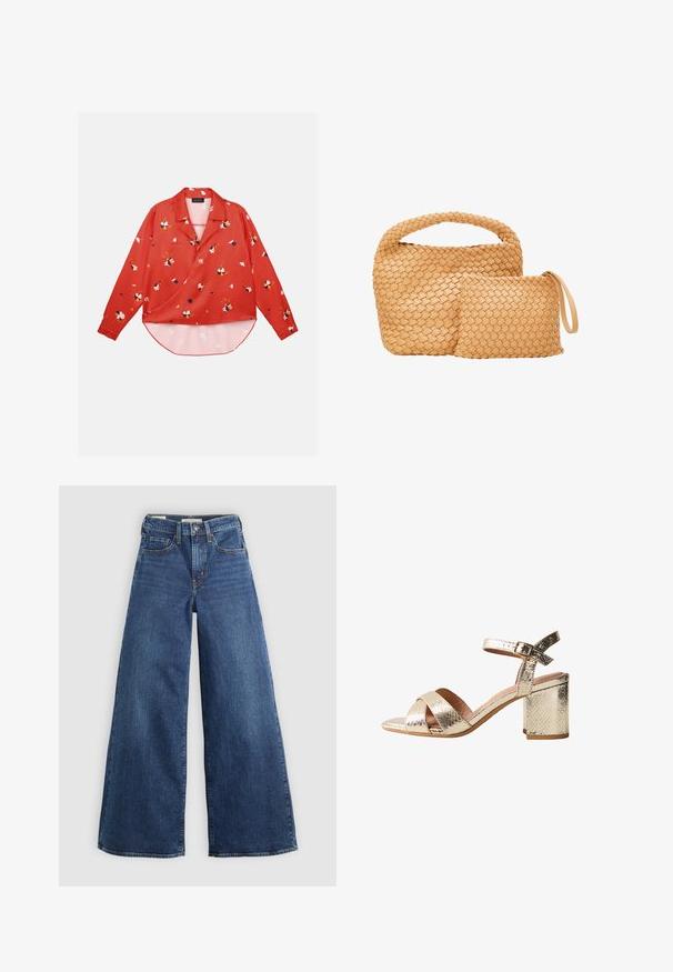 Rød bluse med krave, lange ærmer og indpakningsdesign. Har farverige blomster mønstre, glat stof og en buet kant.; Bredde jeans i blå denim med fem lommer, knaplukning og kontraststing, der har en blød og tekstureret overflade.; Guldteksturerede hæle-sandaler med blokhæle, der har krydsede stropper og en justerbar ankelstrop for en sikker pasform. Glat inderside.; Flettet tanfarvet lædertaske med et rundt håndtag og en lille matchende pung fastgjort med en håndledsrem. Tekstureret overflade med et ensartet mønster.