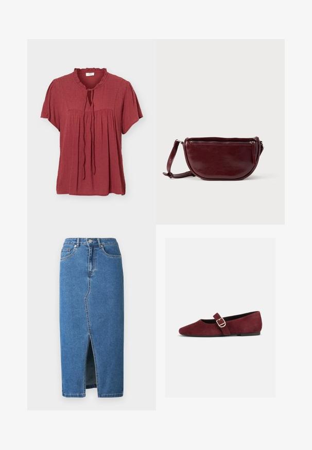 Blouse manches courtes rouge rouille avec motif à pois texturé, col à volants, empiècement froncé et détail noué à l'avant.; Jupe midi en denim bleue. Elle présente une fente avant, une taille haute et un design à cinq poches. Coutures classiques et accents en métal.; Chaussure Mary Jane plate en daim bordeaux avec bride à boucle dorée et semelle noire, vue de côté sur fond blanc.; Sac à main en cuir marron foncé avec une forme en demi-lune, une fermeture éclair et une bandoulière amovible. Texture lisse avec un léger éclat.