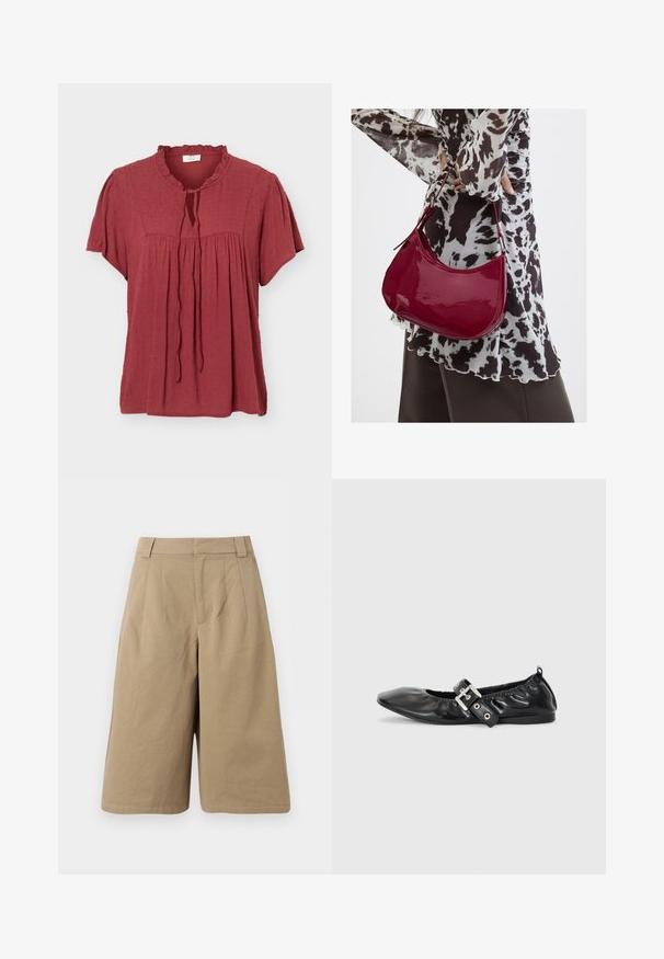 Roestrode blouse met korte mouwen met een gestructureerd stippenpatroon, gerimpelde kraag, geplooide kop en een vetersluiting aan de voorkant.; Beige knielange shorts met lussen voor een riem, voorplooien en een verborgen voorsluiting, gemaakt van zachte stof.; Zwarte leren platte schoen met een spitse neus, geplooide details rond de opening en een zilveren gespaccentueerde verstelbare band.; Vrouw met een zwart-wit gebloemde blouse houdt een glanzende rode schoudertas vast tegen een effen achtergrond.