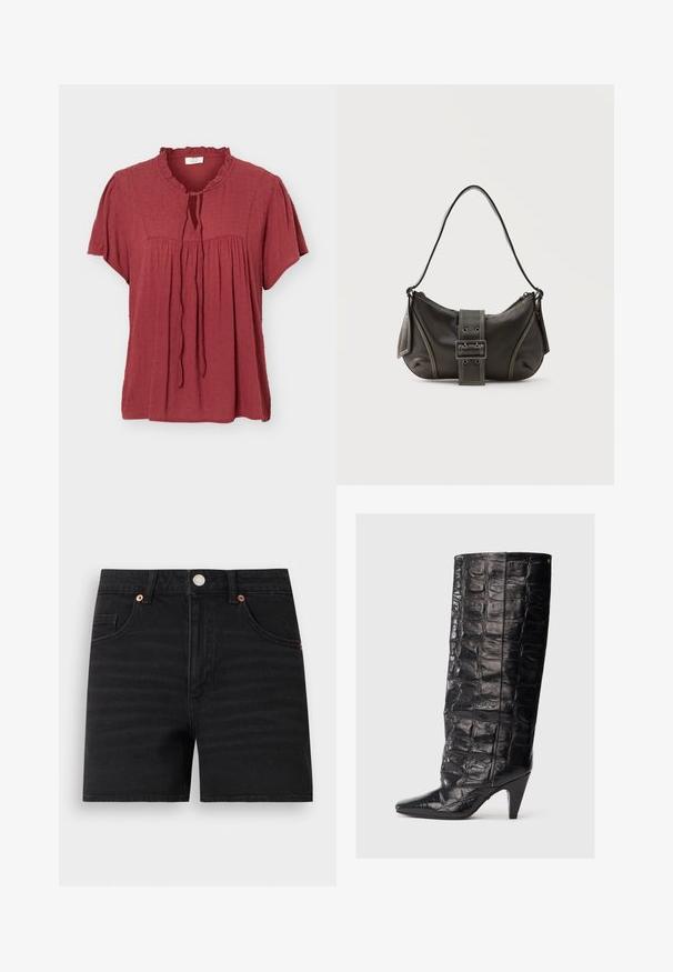 Roestrode blouse met korte mouwen met een gestructureerd stippenpatroon, gerimpelde kraag, geplooide kop en een vetersluiting aan de voorkant.; Zwarte denimshorts met knoopsluiting aan de voorkant, riemlussen, twee voorzakken en een klein muntenzakje, plat op een witte achtergrond weergegeven.; Zwarte leren laars tot aan de knie met een getextureerd krokodillenpatroon, een spitsen teen en een taps toelopende hoge hak. Heeft een slank ontwerp en een gladde afwerking.; Zwarte leren schoudertas met gespsluiting aan de riem, afgeronde hoeken en contrasterende witte stiksels op een effen achtergrond.