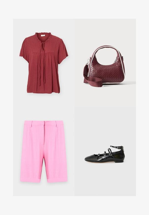 Blouse manches courtes rouge rouille avec motif à pois texturé, col à volants, empiècement froncé et détail noué à l'avant.; Shorts roses longueur genou, cintrés, avec passants pour ceinture et fermeture avant dissimulée, présentés sur un fond clair uni.; ALDO NELTA - Ballerines - black; Sac à main en cuir tressé marron foncé avec poignée courbée, garniture blanche, fermeture éclair argentée et bandoulière large en tissu amovible sur fond uni.