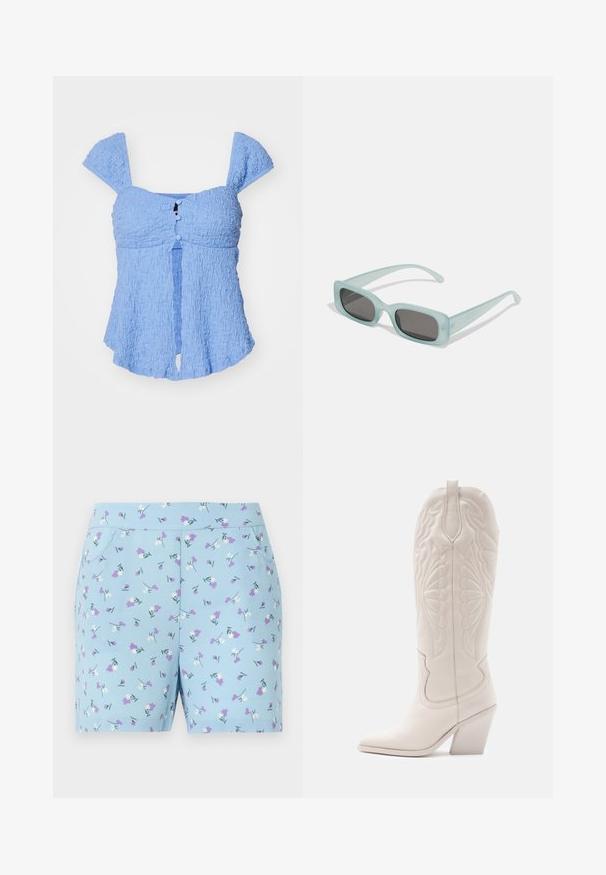 Lichtblauwe, textuurvolle top met pofmouwen, een sleutelgatopening en knoopdetails aan de voorkant. Zachte stof en een ontspannen silhouet.; Blauwe shorts van zachte stof, met een bloemenpatroon met witte en paarse bloemen, en zijzakken. Ontworpen voor comfort en stijl.; Witte leren cowboylaars met een spitse neus en een vierkante hak. Heeft ingewikkelde stikpatronen op de schacht en een soepele textuur.; Een paar rechthoekige zonnebrillen met lichtblauwe doorzichtige monturen en donkergrijze glazen, met rechte pootjes en minimale hardwaredetails.