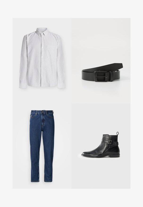 Langærmet skjorte i hvid med tynde grå lodrette striber, knaplukket krave, enkelt brystlomme og manchetter på ærmerne. Bomuldsstof.; Mørkeblå jeans lavet af denim, med lige ben, fem-lommer stil og synlige syninger langs sømmene.; Sorte læder ankelstøvler med rund tå, sidespænde detaljer og en løkkerings på hælen. Flad sål med en subtil glansfinish.; Sort læderbælte med spænde i mat sort metal, der har en glat tekstur og enkelt design. Justerbar længde med en tilspidset ende.