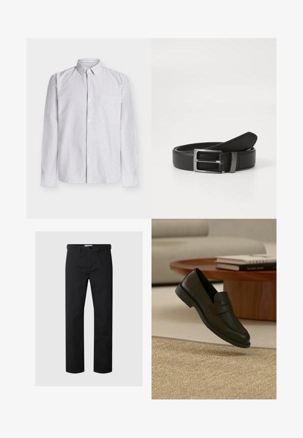 Chemise à manches longues blanche avec fines rayures verticales grises, col boutonné, poche poitrine simple et manches à revers. Tissu en coton.; Pantalon noir à jambes droites avec passants de ceinture et fermeture par bouton à la taille, présenté sur un fond clair uni.; Chaussure mocassin en cuir noir présentée en suspension au-dessus d'un tapis beige tissé, avec une table en bois et des livres empilés dans un salon doucement éclairé.; Ceinture en cuir noir avec une boucle en métal argenté, présentant une finition lisse et un design classique. La ceinture est soigneusement pliée.