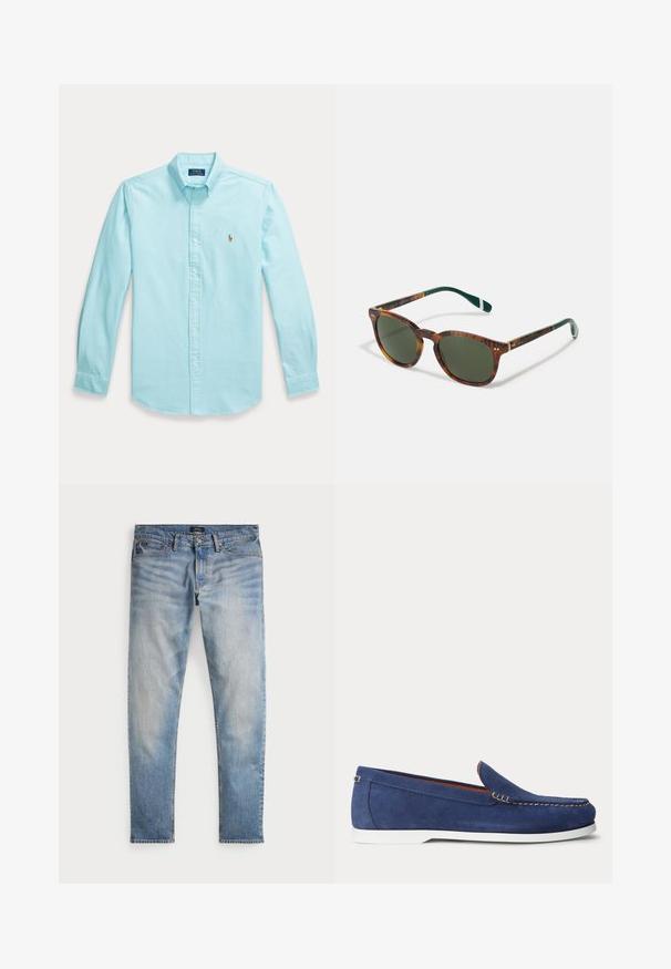 Hellblaues langärmeliges Hemd mit Knopfleiste, Kragen und kleinem gesticktem Logo auf der linken Brust.; Helle blaue Denim-Jeans mit einem ausgewaschenen Finish, Fünf-Taschen-Design und kontrastierenden Nähten. Mit Reißverschluss und Gürtelschlaufen. Gerade geschnitten.; Blauer Wildleder-Slipper mit weißer Sohle und beiger Naht am oberen Rand, dargestellt vor einem schlichten weißen Hintergrund.; Schildkrötensonnenbrille mit grünen Gläsern, runder Form, goldenen Akzenten und dunkelgrünen Bügeln mit einem weißen Streifen.