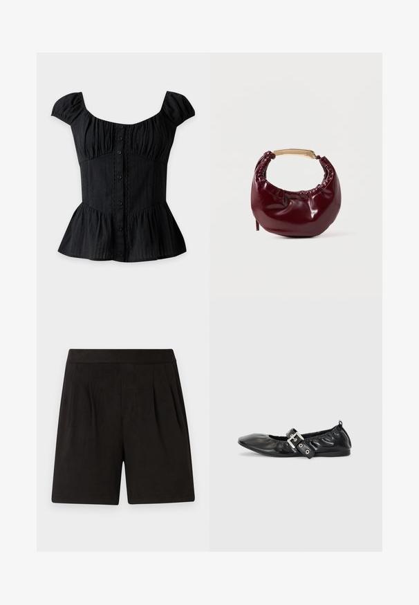 Top negro de manga corta con botones, escote cuadrado, busto fruncido, cintura ajustada, ribete de encaje y bajo con peplum.; Pantalones cortos negros de tela suave, con una textura lisa, cintura elástica y diseño frontal plisado. Simples y sin adornos.; Zapato plano de piel negra con puntera afilada, detalle fruncido alrededor de la abertura y un acento de hebilla plateada en la correa ajustable.; Bolso de mano de piel sintética burdeos con forma redondeada, detalles fruncidos y un asa de metal dorado. Textura suave y acabado brillante.