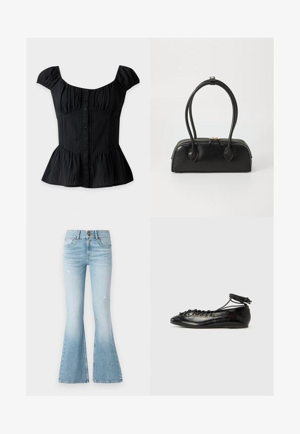 Zwarte top met korte mouwen en knopen, vierkante halslijn, geplooide buste, getailleerde taille, kanten randje en peplumzoom.; Lichtblauwe denim flared jeans met een hoge taille, met subtiele slijtage, een sluiting met twee knopen en een klassiek vijf-pocket ontwerp.; Zwarte ballerina's van lakleer met een afgeronde neus, veterdesign en een platte zool. Glad oppervlak met minimale details.; Zwarte leren handtas met twee verlengde handvatten, ritsluiting en ronde vorm; gladde textuur met subtiele glanzende afwerking.