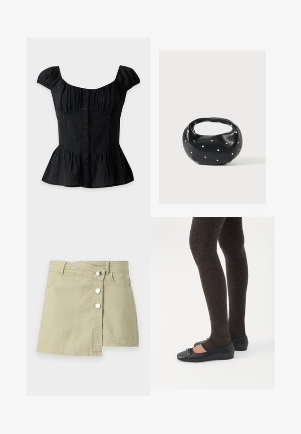 Haut noir à manches courtes avec boutons, encolure carrée, poitrine froncée, taille ajustée, bordure en dentelle et basque.; Jupe portefeuille en jean beige avec boutons-pression argentés à l'avant et passants pour ceinture, présentant un léger chevauchement sur le côté droit avant.; Jambes portant des leggings côtelés foncés associés à des ballerines noires avec de petits détails en nœud sur fond blanc.; Sac à main en cuir noir de forme arrondie, décoré de clous argentés et équipé d'une poignée courte. Texture lisse et fermeture éclair.