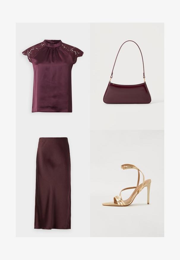 Haut en satin bordeaux avec des manches en dentelle, col haut et design plissé. Se ferme au dos avec deux boutons. Texture lisse et brillante.; Jupe maxi en satin bordeaux avec une texture lisse, fente haute sur un côté et taille élastique. Design simple et épuré.; Even&Odd by Zalando Sandales - gold; Sac à main brillant bordeaux foncé avec une anse fine unique et une forme trapézoïdale élégante sur un fond clair uni.