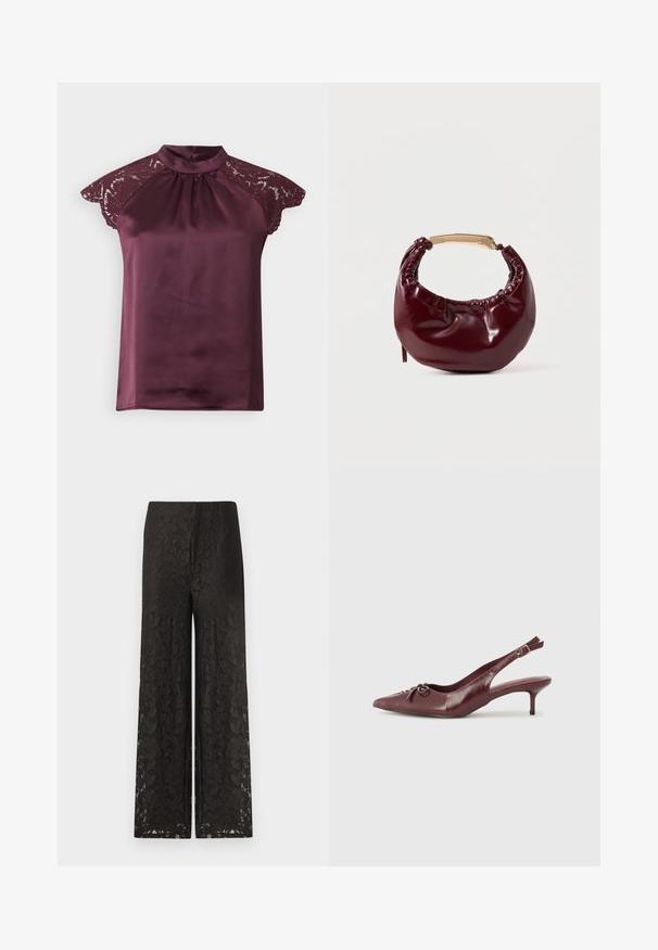 Satin bordeaux top med blonde capærmer, høj halsudskæring og plisseret design. Lukker bagpå med to knapper. Glat, blank tekstur.; Sorte blonde bukser med vid ben, der har et blomstermønster, struktureret overflade, høj talje og en løs pasform for komfort og stil.; Bordeaux læder slingback hæl med spidse tå, justerbar rem og dekorativ sløjfedetalje foran. 7,5 cm hælhøjde.; Bordeaux farvet faux læder handbag med en afrundet form, samling detaljer og et guldtonet metalhåndtag. Glat tekstur og blank finish.