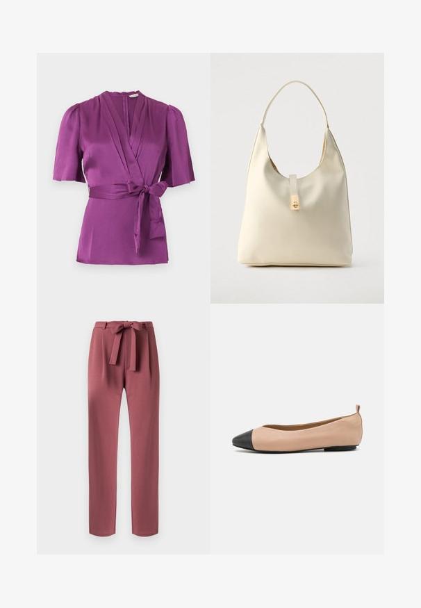 Blouse portefeuille violette avec manches courtes bouffantes, décolleté en V, tissu texturé et nœud à la taille sur un fond clair.; Pantalon droit mauve avec une ceinture en tissu nouée en nœud à la taille et des plis devant.; Ballerine en cuir avec un corps nude et un bout noir. Présente un design minimal, une texture lisse et une petite boucle au dos pour un enfilage facile.; Sac hobo en cuir couleur crème avec une seule bandoulière, texture lisse et un détail de fermoir doré à l'avant.