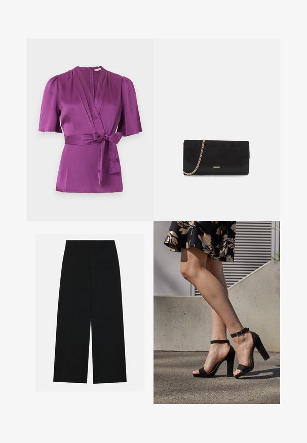 Blouse portefeuille violette avec manches courtes bouffantes, décolleté en V, tissu texturé et nœud à la taille sur un fond clair.; Pantalons noirs à jambe large en tissu lisse. Dotés d'une taille plate avec passants de ceinture et sans poches visibles. Design simple.; Des sandales à talons hauts en suede noir présentent une bride de cheville avec une boucle, un design à bout ouvert et un talon épais. Texture lisse et style minimaliste.; Porte-monnaie noir en daim avec une finition texturée, doté d'une chaîne dorée et d'un design épuré et angulaire.