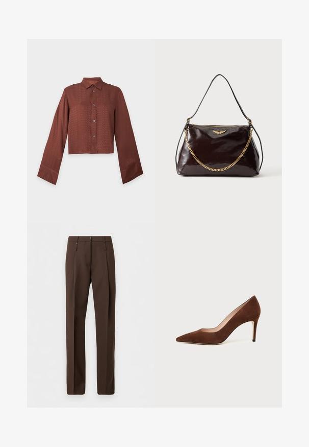 Chemise marron à manches longues avec boutons, motif texturé subtil et larges poignets, présentée sur un fond uni clair.; Pantalon marron sur mesure à jambes droites, doté de passants pour ceinture et de plis sur le devant, présenté sur un fond blanc uni.; Chaussure à talon haut en daim marron à bout pointu avec un talon aiguille fin sur fond blanc.; Sac à main en cuir brillant marron foncé avec un emblème en forme d'aile dorée, détail de chaîne dorée et une fine bandoulière en cuir sur un fond uni.