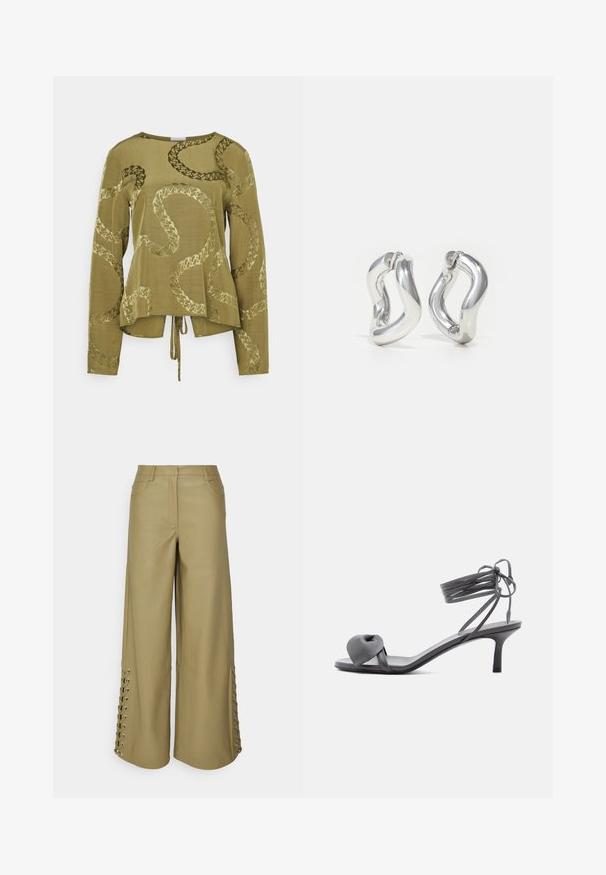 Haut à manches longues vert olive avec une coupe décontractée, présentant un motif en relief semblable à une peau de serpent et un détail noué à l'ourlet.; Pantalons à jambe large en simili cuir vert olive, avec un détail de lacets le long des coutures latérales et poches avant. Texture lisse et coupe ajustée.; Sandale à talon en cuir gris avec une bride nouée sur les orteils et des lacets enroulants autour de la cheville, sur un talon moyen et fin, sur fond blanc.; Boucles d'oreilles créoles argentées avec un design torsadé. Bords arrondis et finition brillante. Fermoirs ouverts pour un port facile. Texture lisse sur toute la surface.