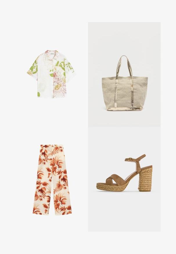 Hvid kortærmet skjorte med knapper og stort blomsterprint i grøn, beige og rustfarvet, med klassisk krave.; Vide benbukser i et let materiale, der har en off-white bund med store rustfarvede bladmønstre og en glat tekstur.; Brun ruskind platform sandal med flettet reb-indpakket blokhæl og ankelrem med guldbøjle på hvid baggrund.; Beige lærredstaske med metalliske gyldne stropper og bund, med et enkelt, ustruktureret design og en let tekstureret overflade.