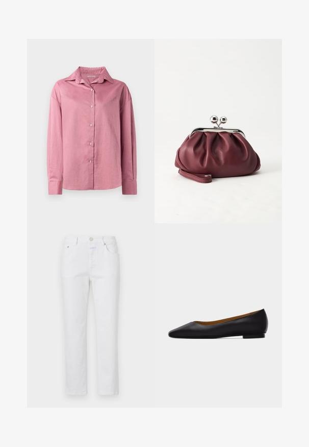 Rosa Langarmhemd mit spitzem Kragen und Knopfleiste. Weicher Stoff und entspannte Passform mit geknöpften Manschetten und ohne sichtbare Muster.; Weiße Jeans mit geradem Bein, fünf Taschen und einem Metallknopfverschluss. Verfügt über eine dezente Textur und helle Nähte.; Schwarzer flacher Schuh aus Leder mit spitz zulaufender Vorderkappe, niedrigem Absatz und glatter Oberfläche, von der Seite vor einem hellgrauen Hintergrund dargestellt.; Kleine burgunderrote Lederclutch mit silbernem Metallverschluss und Handgelenksriemen auf weißem Hintergrund.