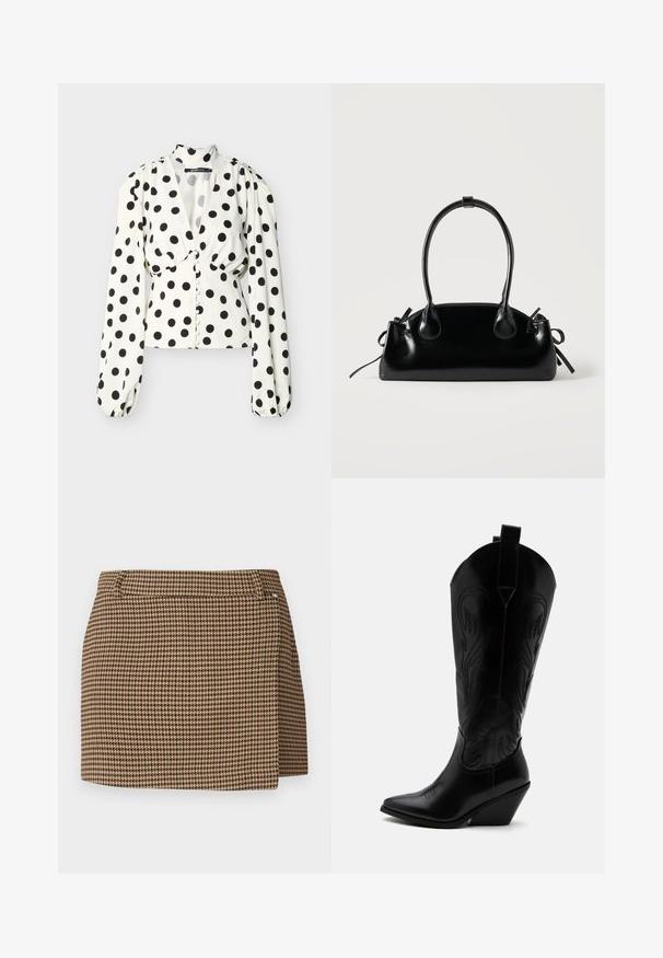 Witte blouse met zwarte polka dots, lange opgeblazen mouwen, diepe V-hals en met stof bedekte knopen aan de voorkant.; Bruine en beige houndstooth-gevlekte mini-jurk met een lichte wikkel-detail en riemlussen op een witte achtergrond.; Zwarte leren cowboylaars met puntige neus, schuine blokhak, decoratieve stiksels en aantreklusjes bovenaan tegen een witte achtergrond.; Kleine zwarte glanzende handtas met twee lange hengsels en zijkant trekkoord details op een effen lichte achtergrond.