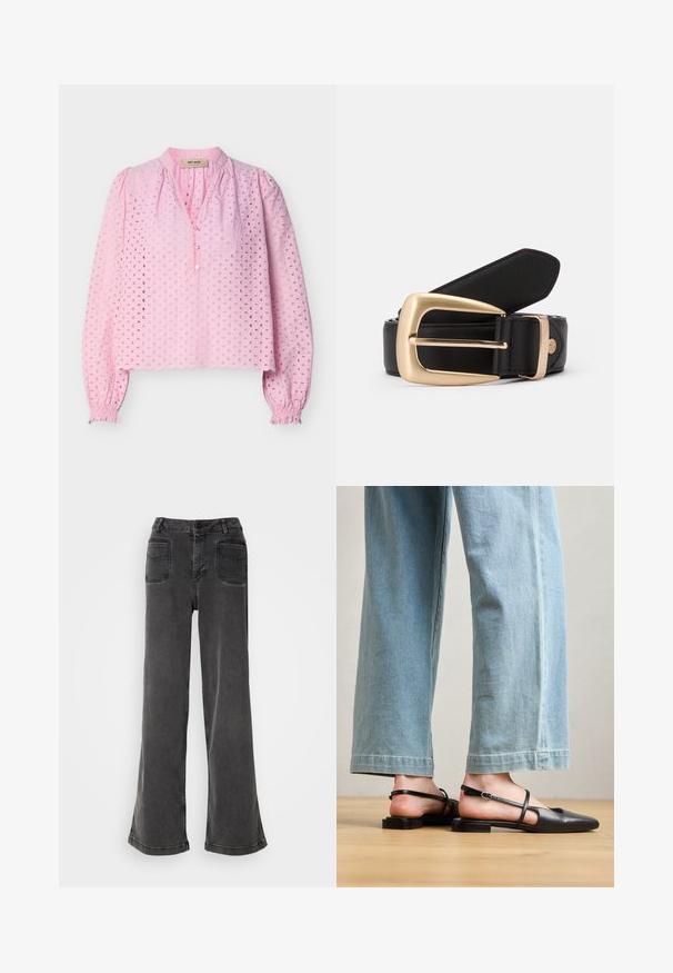 Blusa de manga larga de color rosa claro con patrón de ojales, dobladillo festoneado, escote en V con botones y puños elásticos fruncidos de la marca Mos Mosh.; Jeans negros de tiro alto y pierna ancha, hechos de denim, con cierre de botones, presillas para cinturón y dos bolsillos traseros con detalles de costura.; Zapatos slingback de cuero negro con punta afilada, tacón plano y tira en el tobillo; llevados con jeans de pierna ancha en azul claro.; Cinturón de cuero negro con una hebilla rectangular dorada. El cinturón presenta una textura suave y un sutil detalle de costura a lo largo de los bordes.