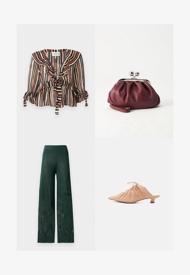 Blouse rayée avec col et manches à volants, liens à l'avant, matière légère et transparente en noir, beige, rose et bleu marine.; Pantalons larges verts en maille légère avec un motif en zigzag au niveau de l'ourlet. Présente une taille lisse pour plus de confort.; Mule pour femme en cuir beige avec bout pointu, dessus froncé, lien de serrage et petit talon kitten, sur fond blanc.; Petit sac pochette en cuir bordeaux avec fermoir métallique argenté et bracelet sur fond blanc.