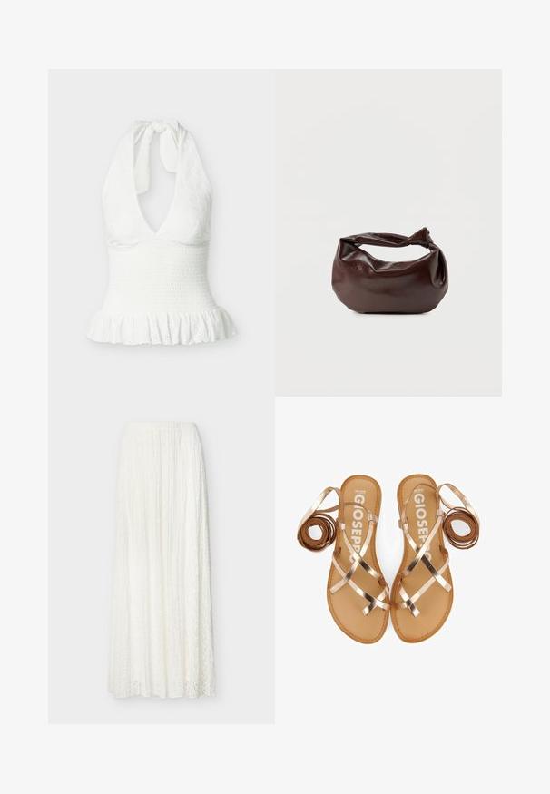 Haut blanc sans manches à col licou avec tissu texturé, taille froncée et ourlet à volants.; Longue jupe en dentelle blanche à taille haute avec un tissu texturé plissé, descendant jusqu'au sol.; Sandales plates à lanières avec des sangles métalliques couleur or rose, semelle en cuir tan et un design minimaliste. Comprend des sangles enroulées de chaque côté.; Sac bandoulière en cuir marron foncé avec une forme souple et décontractée et une anse nouée torsadée sur un fond blanc uni.