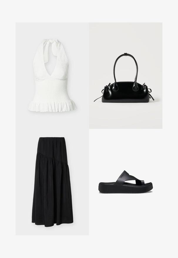 Weißes ärmelloses Top mit Neckholder, strukturierter Stoff, geraffte Taille und Rüschensaum.; Schwarzer knöchellanger Rock mit gerafftem Stoff und einem diagonalen Nahtdetail auf der Vorderseite.; Schwarze Plattform-Flip-Flops mit einer strukturierten Gummisohle, die ein Kreuzriemen-Design und eine matte Oberfläche aufweisen. Das Markenlogo ist dezent an der Seite angebracht.; Kleine schwarze glänzende Handtasche mit zwei langen Griffen und seitlichen Kordelzug-Details vor einfachem hellem Hintergrund.
