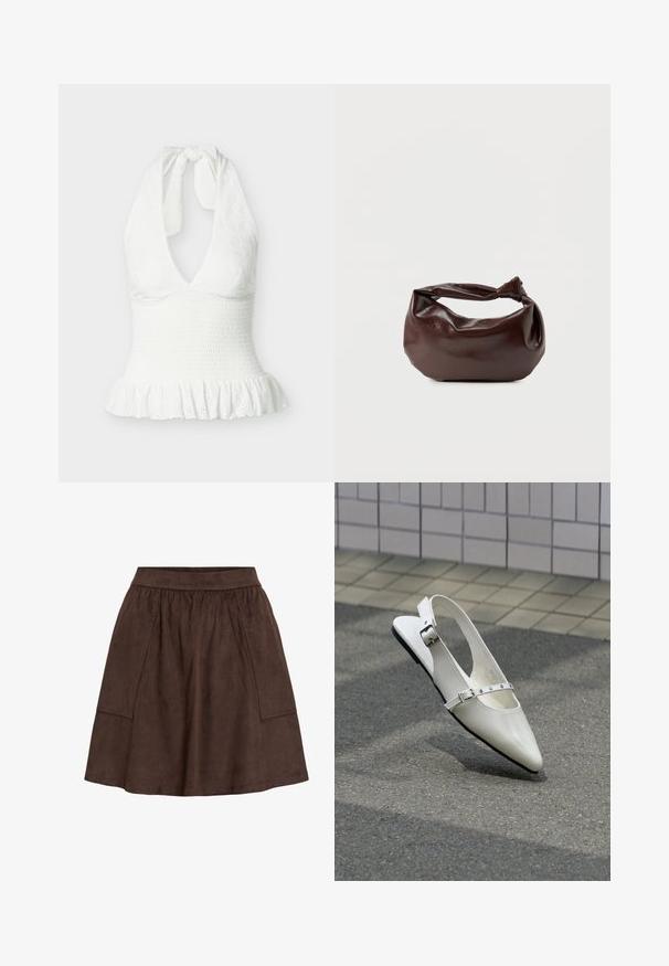 Biely top bez rukávov s halter výstrihom, textúrovanou tkaninou, naškrobeným pásom a riaseným lemom.; Hnedá semišová sukňa s elastickým pásom, vybavená bočnými vreckami a rozšíreným strihom. Hladká textúra a dĺžka ku kolenám.; Biela špicatá slingback plochá topánka s dvoma striebornými prackami, zobrazená vonku na textúrovanej zemi a dlaždicovej stene v pozadí.; Tmavohnedá kožená kabelka cez rameno s mäkkým, voľným tvarom a držadlom v podobe skrúteného uzla na jednoduchom bielom pozadí.
