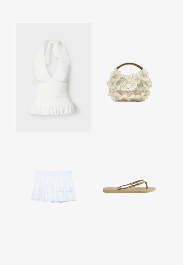 Haut blanc sans manches à col licou avec tissu texturé, taille froncée et ourlet à volants.; Shorts blancs à volants avec une taille smockée, dotés de tissu superposé et de détails texturés subtils. Design léger et décontracté.; Tongs avec une semelle texturée beige, de fines brides brunes et des accents en paillettes dorées. Design léger adapté à une utilisation décontractée.; Petit sac à main en tissu crème recouvert d’appliques florales superposées et d’une poignée en bois courbée.