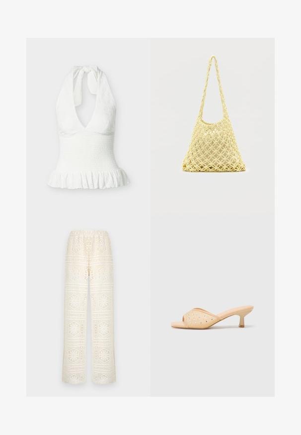 Haut blanc sans manches à col licou avec tissu texturé, taille froncée et ourlet à volants.; Pantalon large en dentelle blanche avec des motifs découpés géométriques et floraux, taille élastique et tissu semi-transparent.; Mules à talons ouverts beige avec une finition matte lisse, ornés de strass transparents disposés en motif sur le dessus.; Sac en filet macramé jaune avec longue bandoulière et pochette beige à l'intérieur, présenté sur un fond blanc uni.