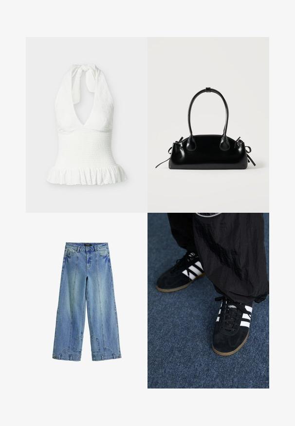 Biely top bez rukávov s halter výstrihom, textúrovanou tkaninou, naškrobeným pásom a riaseným lemom.; Svetlo modré široké džínsy z denimu, s vysokým pásom, výraznými stehovými detailmi a nášivkovými akcentmi na zadných vreckách.; Čierne roháčiky z semišu so tromi bielymi pruhmi a čiernymi šnúrkami. Texturované čierne nohavice sú čiastočne viditeľné vedľa topánok.; Malá čierna lesklá kabelka s dvoma dlhými rúčkami a bočnými šnúrkovými detailmi na jednoduchom svetlom pozadí.