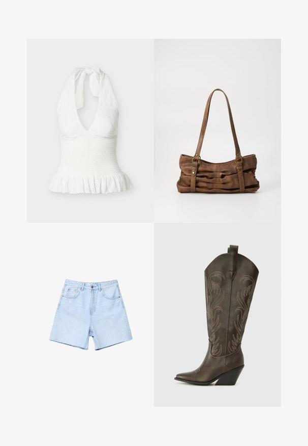 Haut blanc sans manches à col licou avec tissu texturé, taille froncée et ourlet à volants.; Shorts en denim bleu clair à taille haute, devant plat, avec cinq poches et ourlet brut. Le tissu est légèrement usé avec une décoloration subtile.; Botte de cowboy en cuir marron avec un embout pointu, un talon compensé et des broderies décoratives. Dispose d'un long tige et d'une languette de tirage.; Even&Odd Sac à main - brown