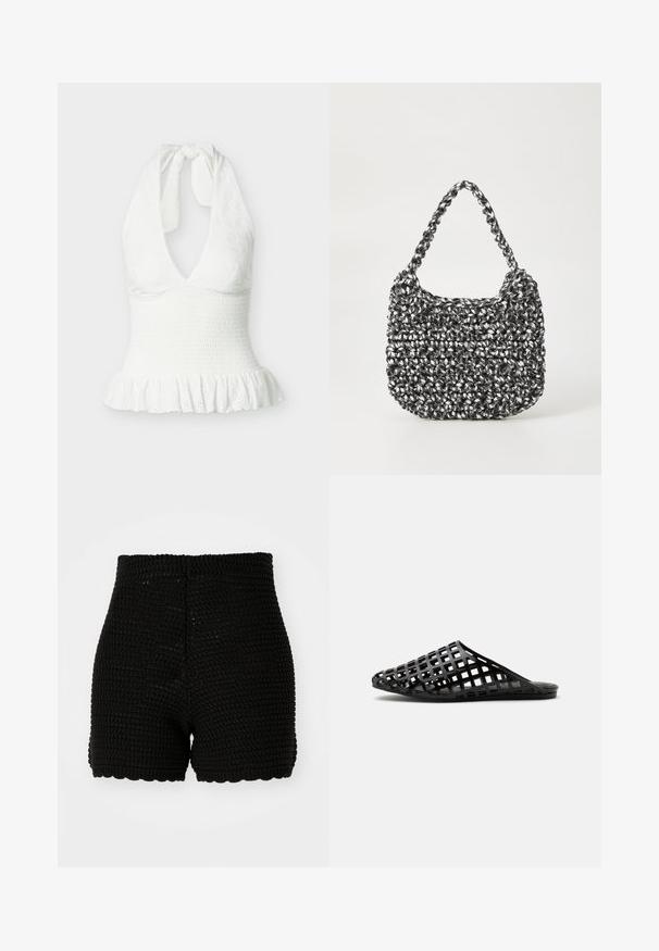 Top blanco sin mangas con cuello halter, tela texturizada, cintura fruncida y dobladillo con volantes.; Shorts de ganchillo negro con textura acanalada, cintura alta y dobladillo con puntilla. Diseñados para una silueta ajustada y material transpirable.; Zapato negro tipo slip-on con punta puntiaguda y diseño de celosía abierta con patrón de rejilla en el material superior.; Bolso de mano tejido en blanco y negro con forma redondeada, superficie texturizada y asa trenzada. Adecuado para uso casual.