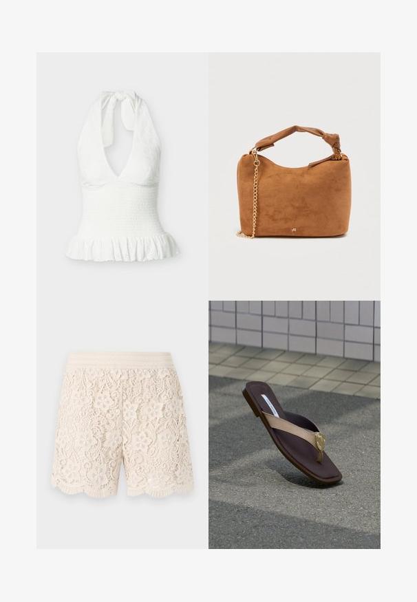 Haut blanc sans manches à col licou avec tissu texturé, taille froncée et ourlet à volants.; Shorts en dentelle couleur blanc cassé avec des motifs floraux, ourlet festonné et taille élastique, présentant des détails intriqués sur l'ensemble du tissu.; Sandale plate marron avec bride beige et boucle dorée en forme de cœur, reposant sur l’asphalte près d’un mur carrelé.; Sac à main en daim marron avec une sangle nouée et un accent de chaîne dorée. Texture lisse et forme arrondie, avec un logo minimaliste.