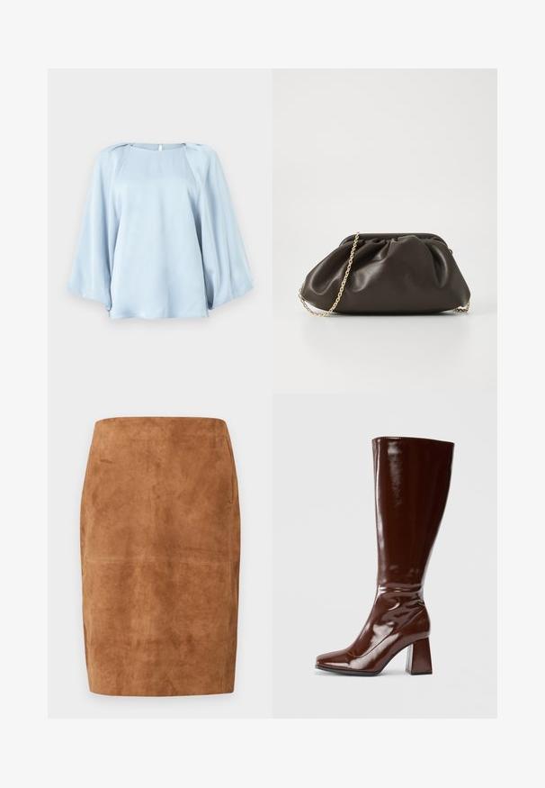Blouse bleu clair avec de larges manches longues fluides et un col rond, fabriquée en tissu lisse et soyeux.; Jupe crayon en daim marron avec taille haute et ourlet au genou, dotée de détails de couture subtils.; Bottes en cuir verni marron jusqu'aux genoux avec un bout carré, finition brillante et un talon épais pour la stabilité. Design sans couture sans matériel visible.; Sac à main en cuir marron avec un design froncé, une bandoulière en chaîne dorée et une finition douce et texturée. Sa forme compacte est idéale pour une utilisation en soirée.