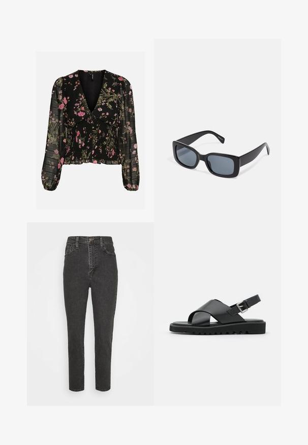 Blusa negra transparente de manga larga con patrón floral rosa y verde, escote en V profundo, cuerpo fruncido y mangas ligeramente abullonadas con puños elásticos.; Vaqueros de mezclilla negros de talle alto con un ajuste slim, que cuentan con un cierre de botón, pasadores para cinturón y un clásico diseño de cinco bolsillos.; Sandalias de cuero negras con diseño de tiras cruzadas, hebilla ajustable y suela texturizada con estrías para un mejor agarre.; Gafas de sol rectangulares negras con lentes oscuros, montura de plástico grueso y patillas anchas. Superficie lisa y diseño anguloso.