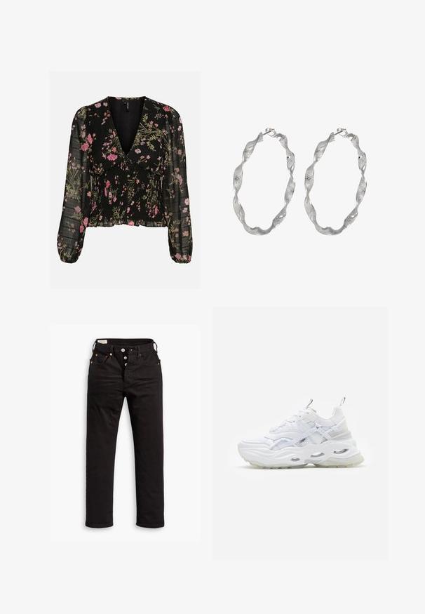 Sort gennemsigtig bluse med lange ærmer med pink og grønt blomsterprint, dyb V-udskæring, rynket krop og let puffede ærmer med elastiske manchetter.; Sorte lige jeans med knaplukning, front- og baglommer samt kobbernitte detaljer på en hvid baggrund.; Hvide sneakers med en kraftig sål, lagdelt mesh og syntetisk overdel, med mønstrede detaljer, snøresystem og hæl-dragtag.; Sølv hoop øreringe med et snoet design, der har en tekstureret overflade og en sikker lås. Letvægts og reflekterende med en glat finish.