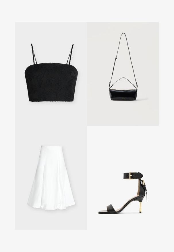 Crop top noir avec fines bretelles ajustables et texture jacquard florale sur un fond clair uni.; Jupe midi blanche taille haute avec un ourlet bouffant et des coutures verticales sur un fond gris clair uni.; Sandale à talon en cuir noir avec un bout carré, une bride de cheville dotée d'une boucle en or et un talon métallique fin. Texture lisse, design minimaliste.; Sac bandoulière rectangulaire en cuir noir avec bandoulière ajustable, fermeture éclair sur le dessus et petit logo Calvin Klein doré sur le devant.