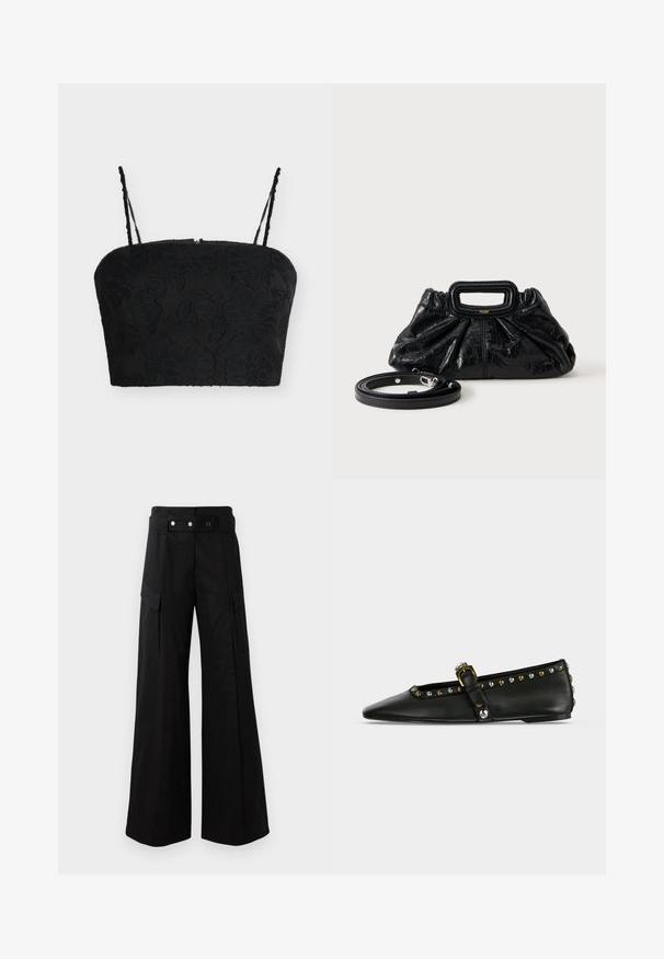 Sort crop top med tynde justerbare stropper og blomstrede jacquardteksturer på en ensfarvet lys baggrund.; Sorte brede bukser med høj talje, som har store sidelommer, to forreste knapper og en løkke-detalje. Lavet af holdbart materiale.; Sort, spids flad sko med rem, guld- og sølvnitter langs kanten og et dekorativt metalspænde på lys baggrund.; Lille sort læderhåndtaske med rynket tekstur, rektangulært håndtag og aftagelig tynd skulderrem placeret ved siden af.