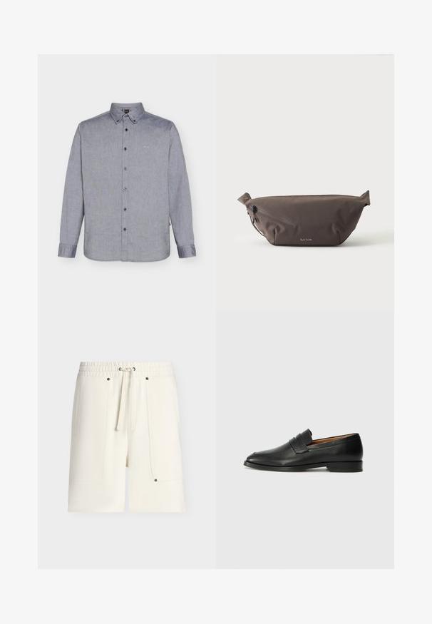 Chemise grise à manches longues, boutonnée avec col et logo "BOSS" brodé sur la poitrine gauche.; Shorts taille élastique de couleur blanc cassé avec cordon à l'avant et grandes poches plaquées maintenues par de petites rivets métalliques.; Mocassin en cuir noir avec un bout arrondi, des coutures subtiles et un talon bas, présentant une texture lisse et un design minimaliste.; Sac banane en tissu marron foncé avec poche zippée en diagonale et petit logo blanc sur le devant, sur un fond clair uni.