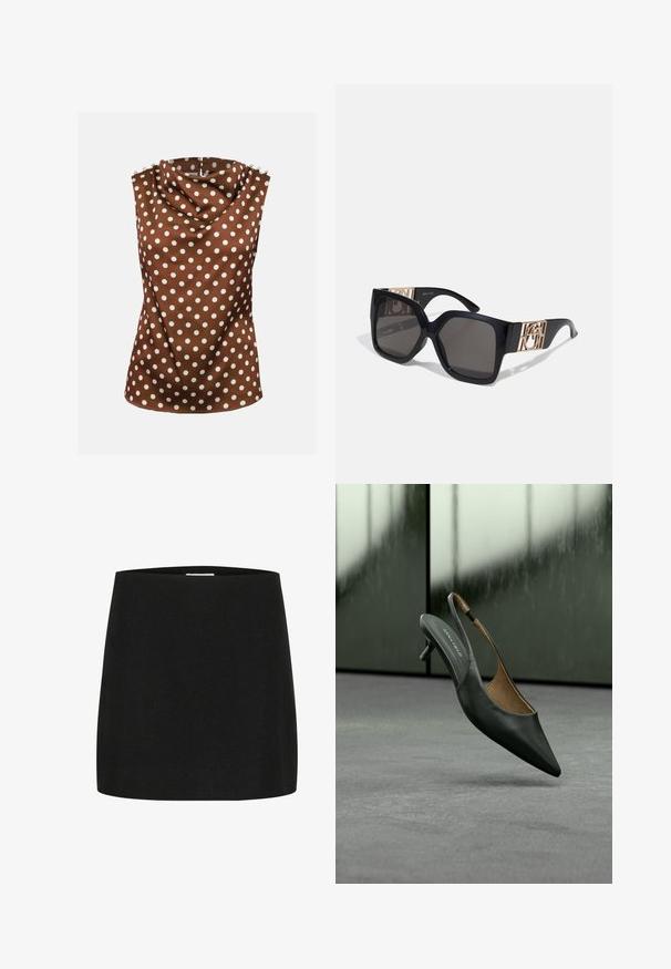 Blouse marron sans manches avec des pois blancs, col haut drapé et boutons décoratifs aux épaules.; Mini-jupe noire en tissu texturé, avec une coupe simple et droite, sans embellissements ni motifs visibles.; Chaussure slingback à talon kitten noire à bout pointu, avec une fine bride et une étiquette « ANNA FIELD » sur la semelle intérieure, sur un fond gris flou.; Lunettes de soleil noires surdimensionnées avec des verres sombres, dotées d'un design de monture géométrique et d'accents en métal doré sur les branches.