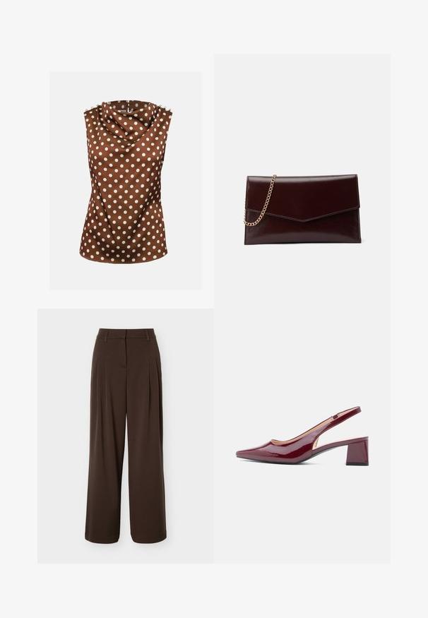 Blouse marron sans manches avec des pois blancs, col haut drapé et boutons décoratifs aux épaules.; Pantalon large marron foncé avec plis à l'avant, passants de ceinture et fermeture éclair avant cachée.; Escarpins slingback en cuir verni bordeaux avec un bout pointu, une découpe sur le côté et un talon bloc. Texture lisse et finition brillante.; Sac à main en cuir de couleur bordeaux foncé avec un design en forme d'enveloppe. Il dispose d'une anse en chaîne dorée, d'une texture lisse et d'une fermeture en pointe.