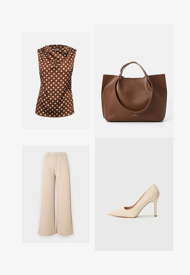 Ärmellose braune Bluse mit weißen Polka-Punkten, drapiertem hohem Ausschnitt und dekorativen Knöpfen auf den Schultern.; Beige, hoch taillierte, weit geschnittene Hose mit Gürtelschlaufen und verdecktem Verschluss vorne vor weißem Hintergrund.; Beige Leder-Pumps mit hohen Absätzen, spitz zulaufend und mit einer seitlichen Aussparung, ausgestattet mit einem schlanken Stiletto-Absatz für zusätzliche Unterstützung.; Braune Leder-Tote mit glatter Textur, großen runden Griffen, minimalistischem Design und Logo, das an der Unterseite geprägt ist.