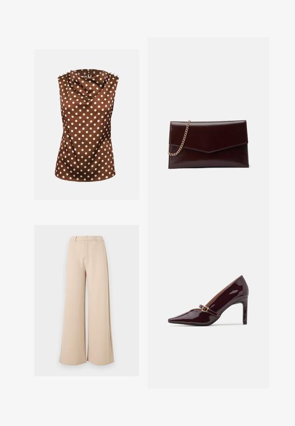 Blouse marron sans manches avec des pois blancs, col haut drapé et boutons décoratifs aux épaules.; Pantalon large beige taille haute avec passants pour ceinture et fermeture avant dissimulée sur fond blanc.; Chaussure à talon aiguille bordeaux en patent avec un embout pointu, une bride de cheville comportant des accents en métal doré, et une finition lisse et brillante. Talon stiletto surélevé.; Sac à main en cuir de couleur bordeaux foncé avec un design en forme d'enveloppe. Il dispose d'une anse en chaîne dorée, d'une texture lisse et d'une fermeture en pointe.