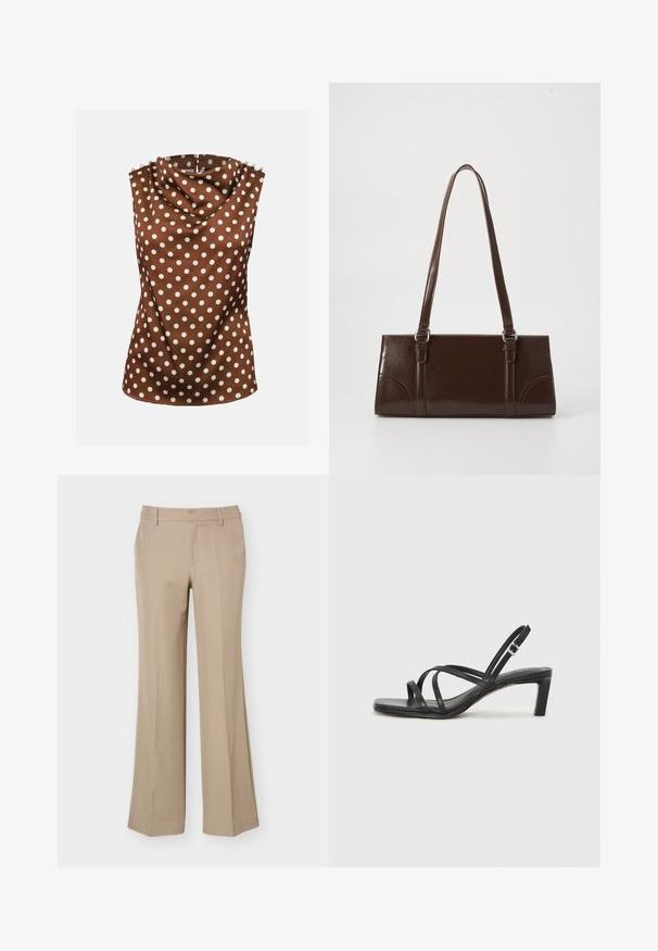 Blouse marron sans manches avec des pois blancs, col haut drapé et boutons décoratifs aux épaules.; Pantalon beige pour femme avec passants de ceinture, pli devant et coupe droite à jambes larges sur fond blanc uni.; Sandale noire à lanières avec un bout carré et un petit talon bloc. Elle présente plusieurs fines lanières et une sangle de cheville ajustable. Fabriquée en cuir lisse.; Sac à main en cuir verni marron de forme rectangulaire, avec deux longues poignées et des accents courbés subtils à l'avant.